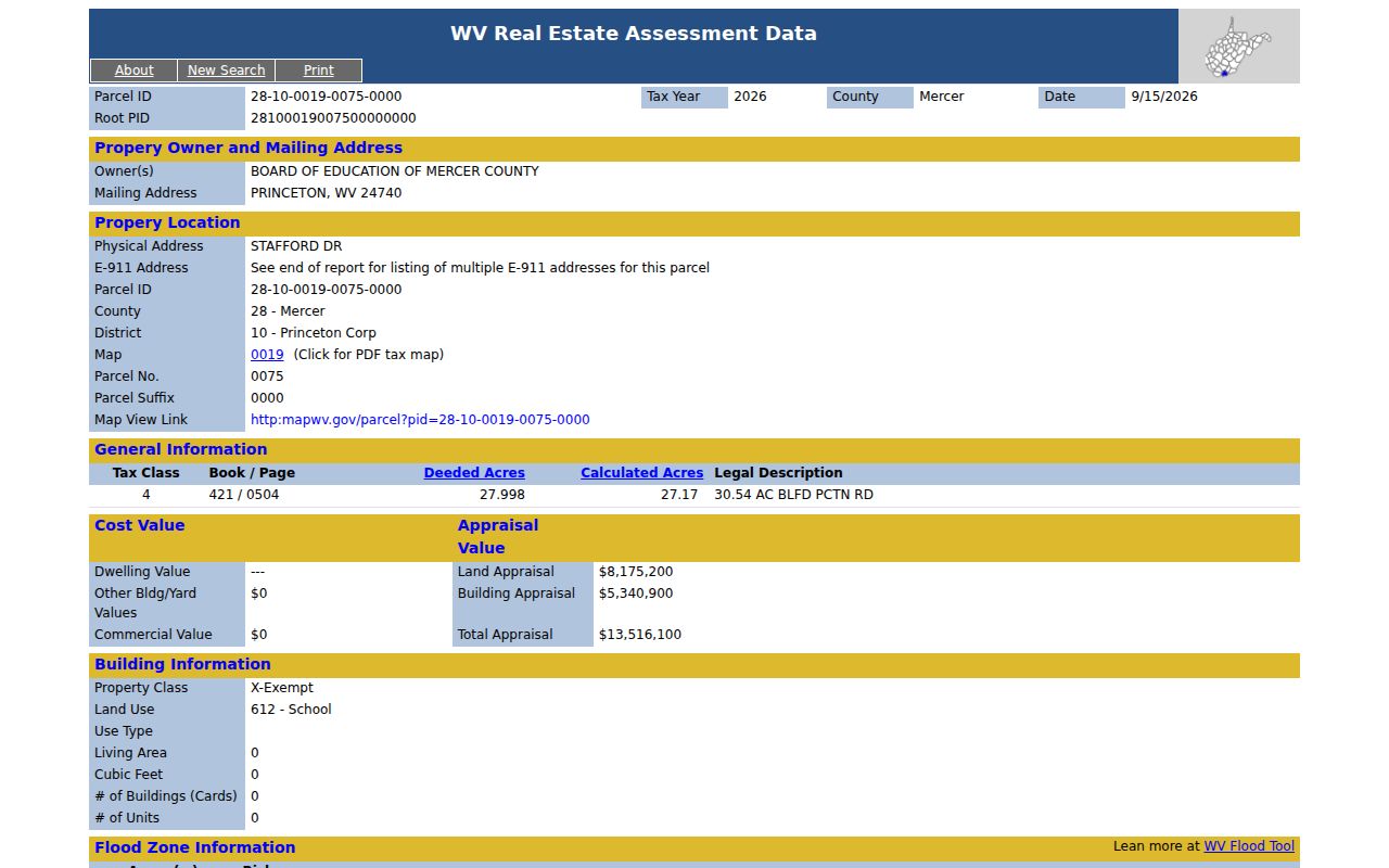 Mercer County tax assessment detail with owner, parcel, and appraisal values
