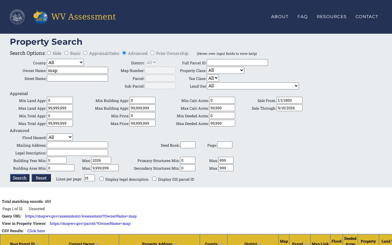 Mercer County property records in the West Virginia assessment search, with owner and parcel fields